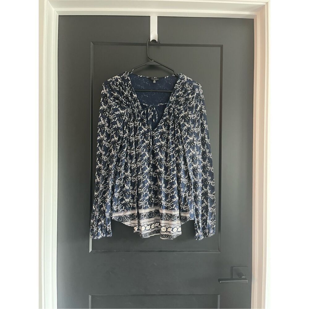 Lucky Brand Navy Paisley Peasant Blouse Size L